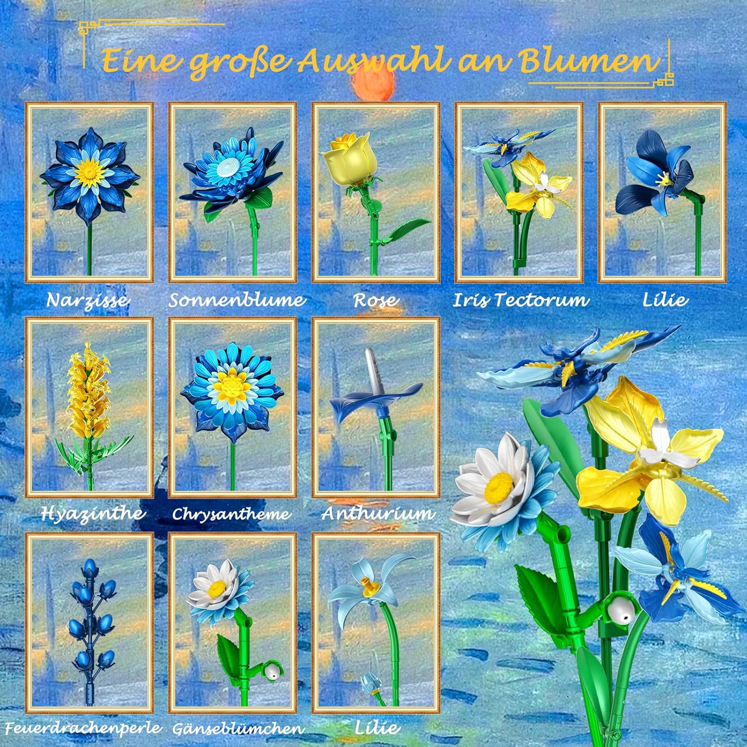 Thumbnail 2 de Rongmeiz Gänseblümchen-Blumenstrauß Bausatz – eisblaues Vintage-Blumenarrangement aus Premium-Bausteinen