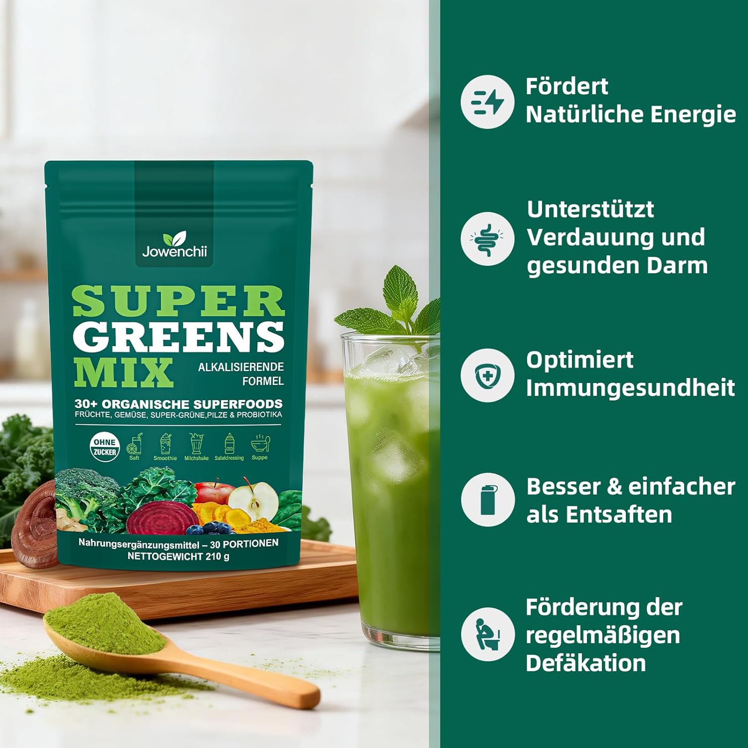 Detalle de Grüne Entgiftungspulver – Grünes Superfood Pulver Helfer (33 Zutaten mit Spirulina & Chlorella)