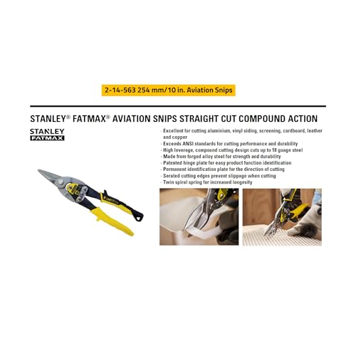 Detalle de STANLEY FATMAX 2-14-563: tijera de chapa de corte recto con precisión para aluminio, PVC y mallas