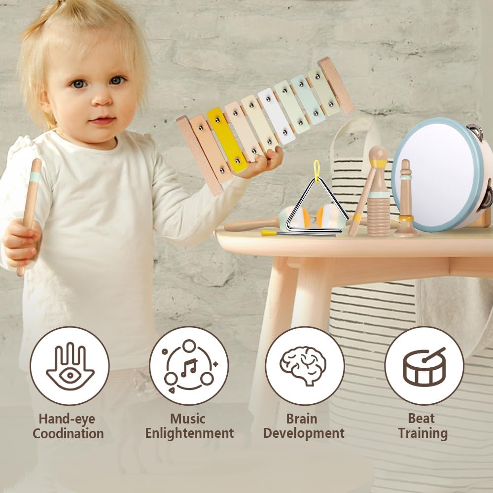 Thumbnail 2 de Baby Musical Instruments Montessori Wooden Toys Set (Neutral Colors) with Xylophone for Toddlers 1–3