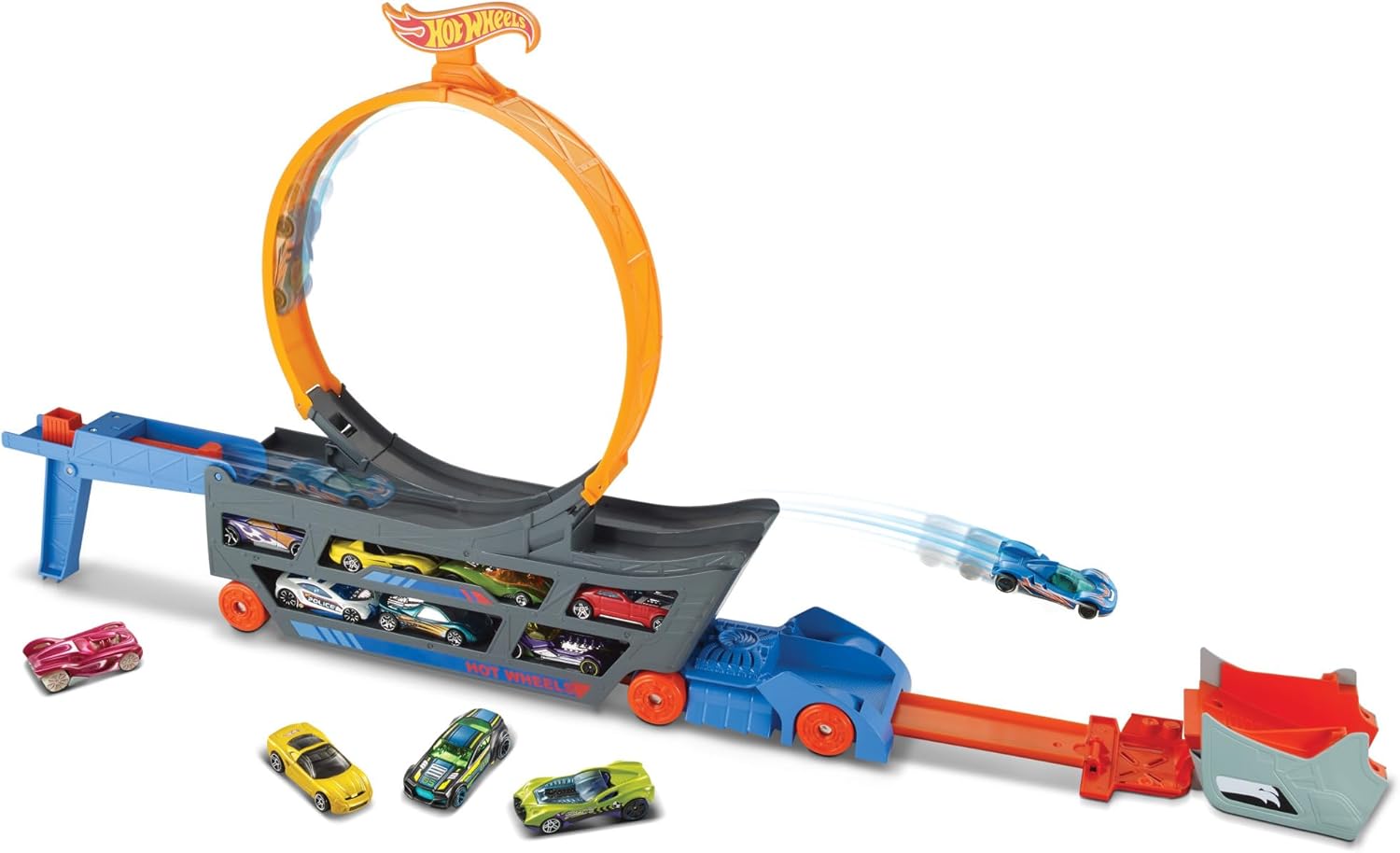 Thumbnail 6 de Hot Wheels Transporteur de Piste de Vitesse HYT83 — Coffret avec Lanceur et espace de stockage pour 9 voitures 1/64