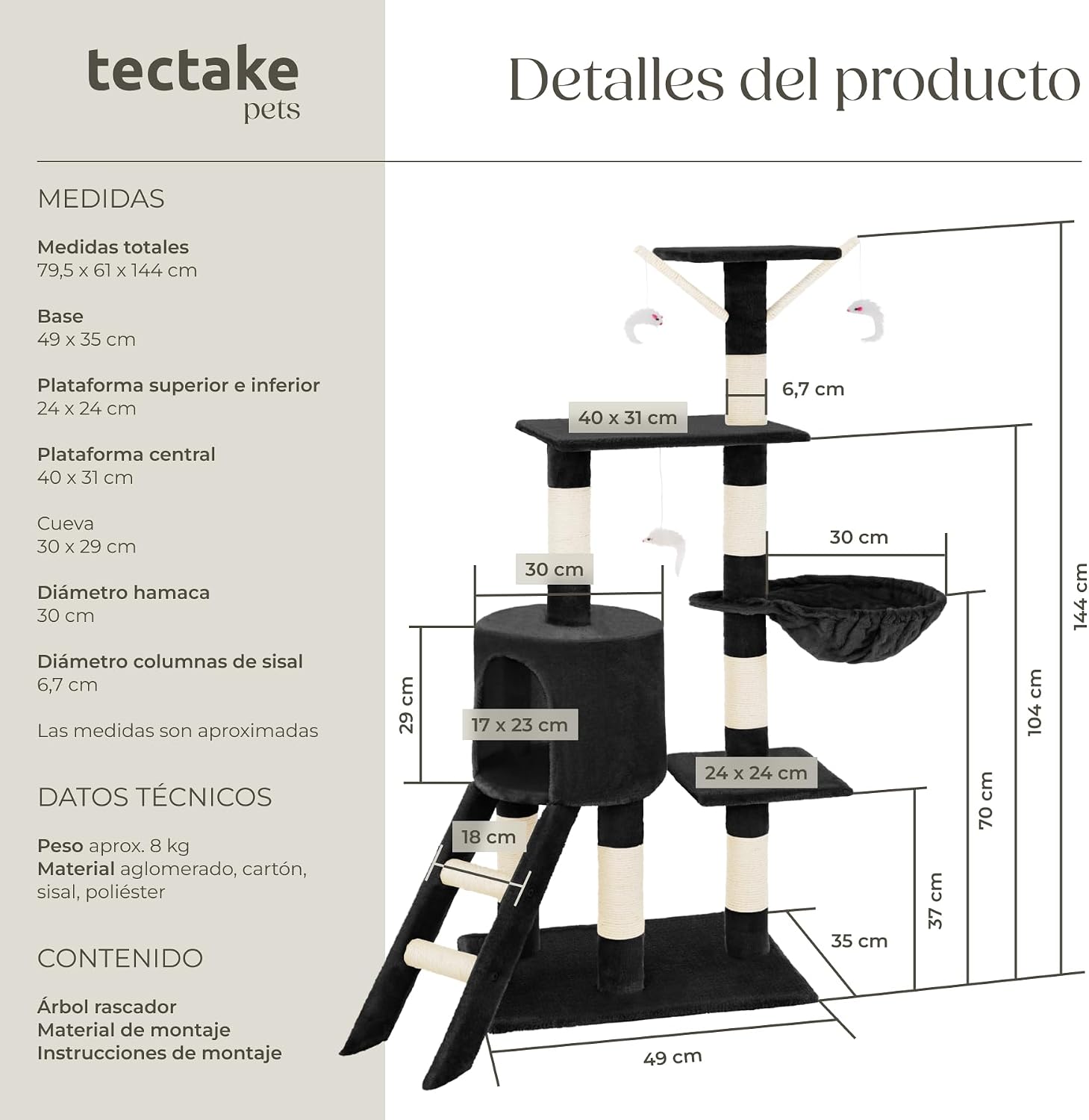 Thumbnail 6 de tectake Arbol Rascador para Gatos 144 cm