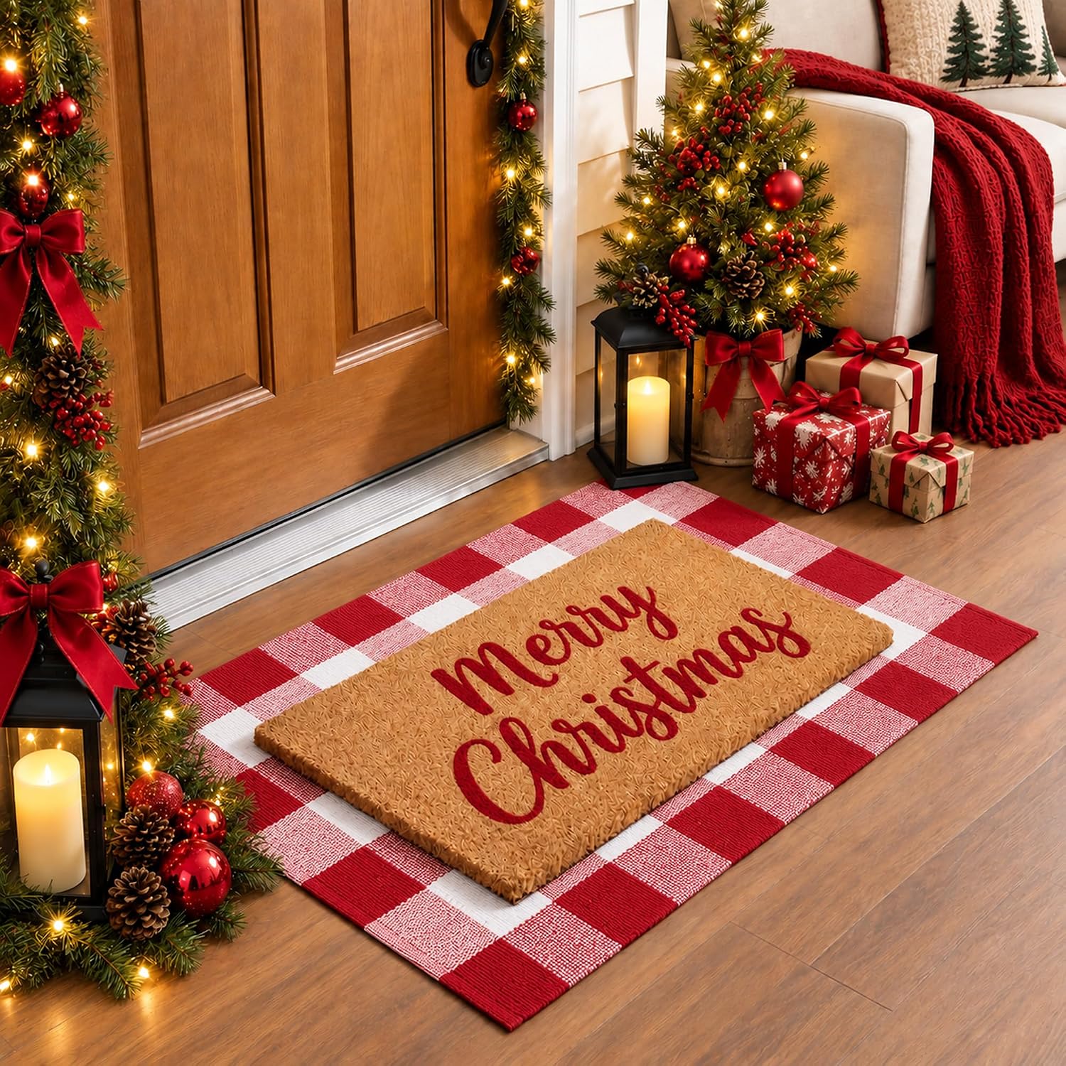 Detalle 2 de Homydecor Red and White Plaid Doormat, 28 x 43 Inches, Reversible Flatweave