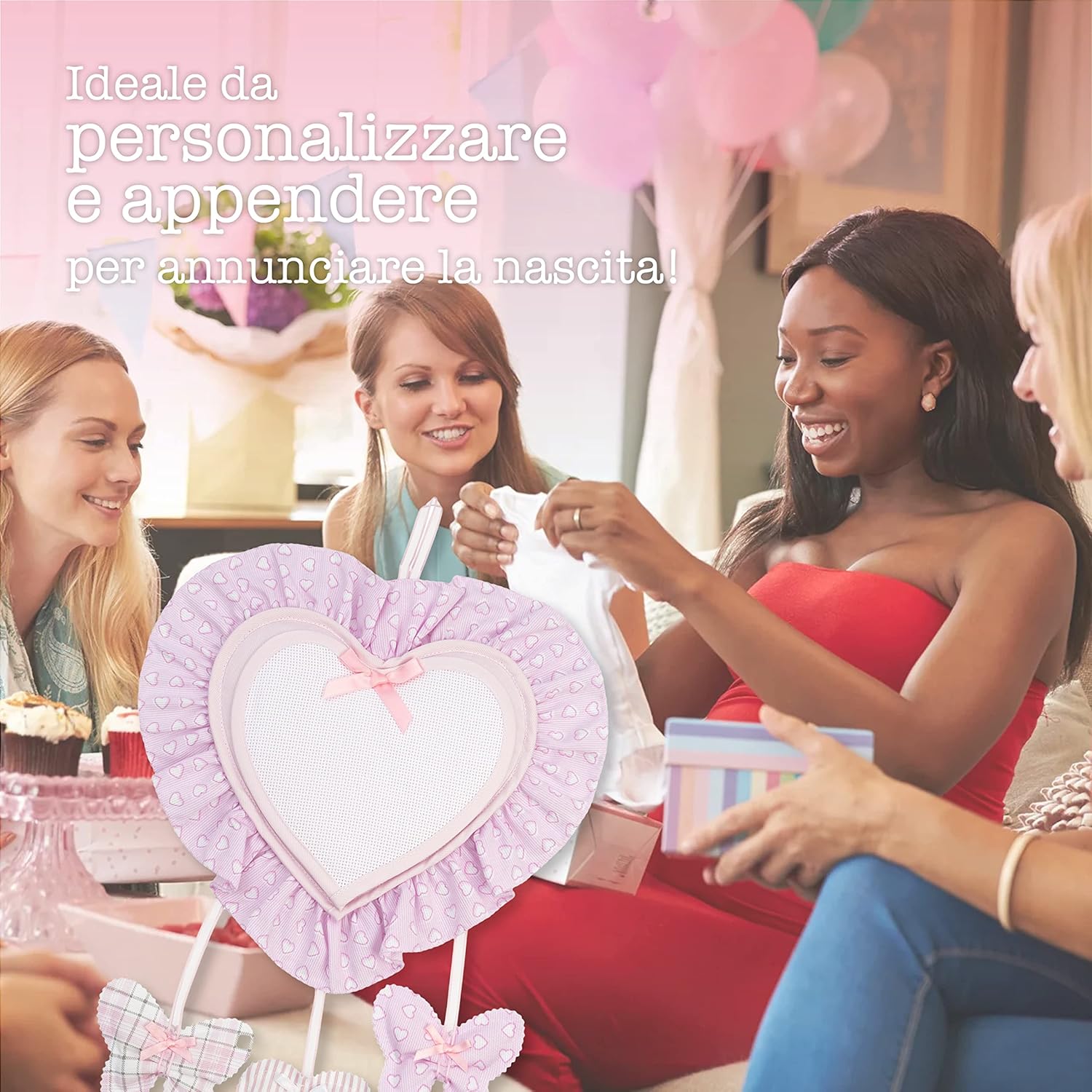 Thumbnail 5 de FILET Fiocco Nascita Cuore in Cotone con Inserto Aida 14 ct e Pendagli Rosa