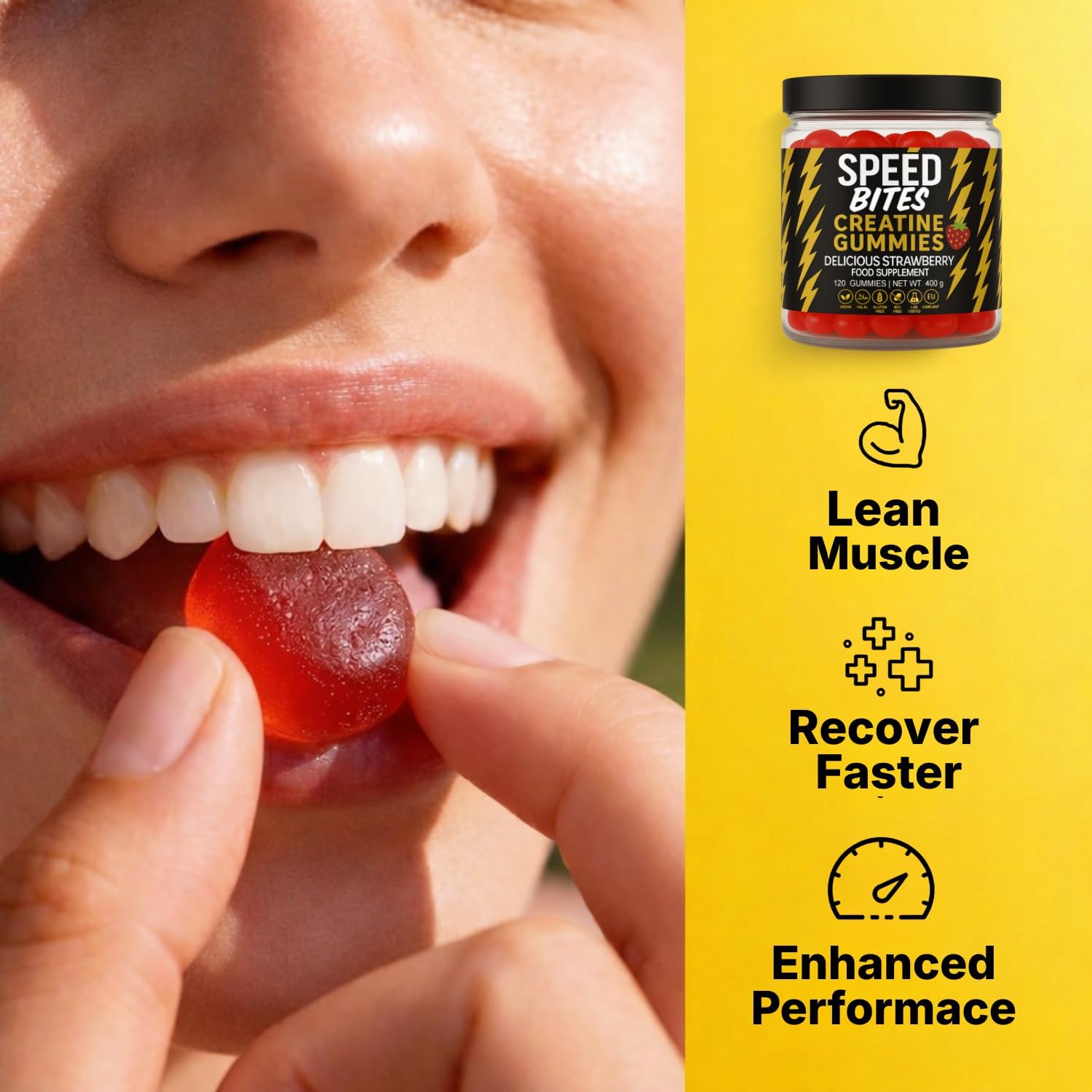 Detalle de Speed Bites SBHClRED120 creatine HCl-gummies, suikervrij en vegan