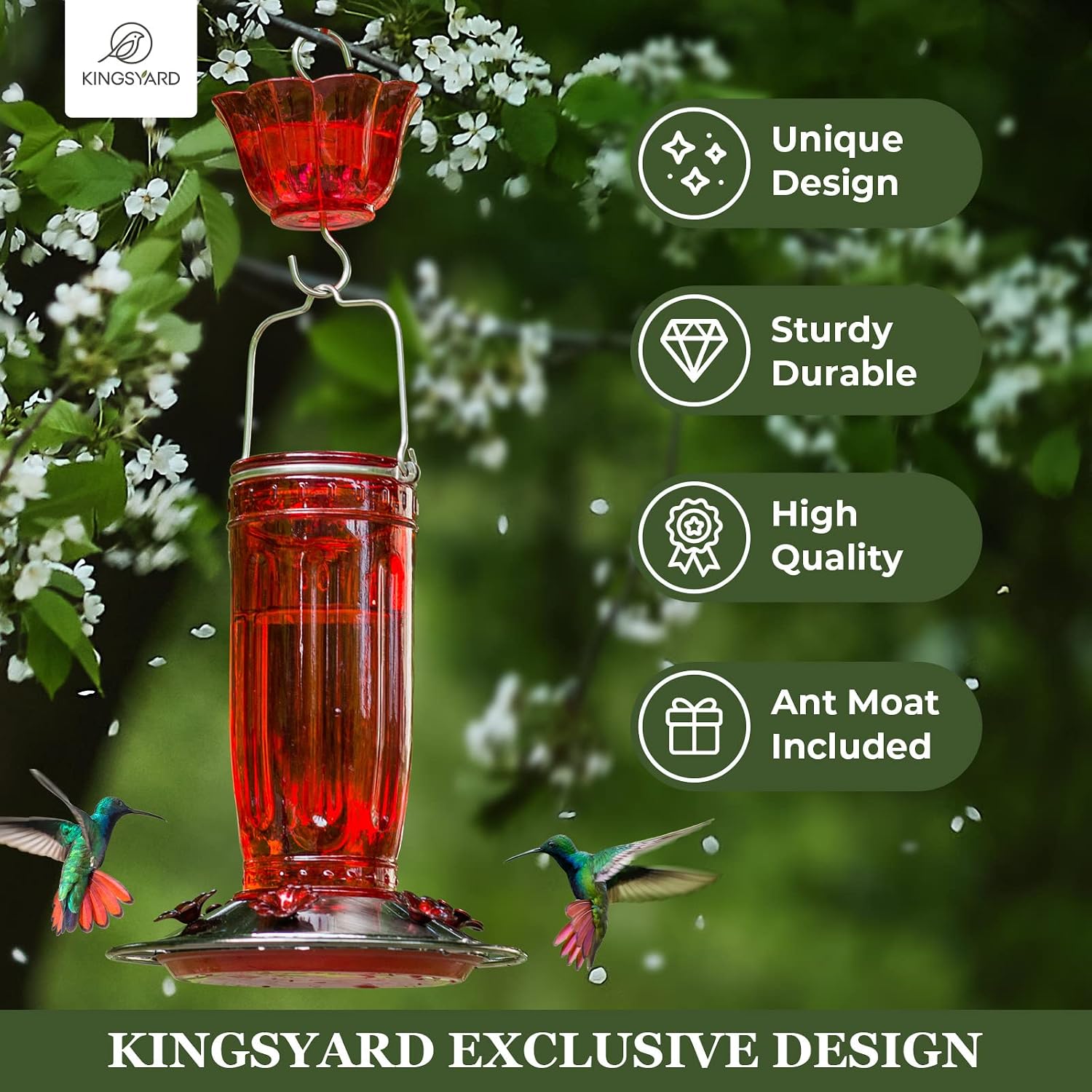 Detalle de Kingsyard KYBF119CP04 Glass Hummingbird Feeder, Red, with 6 Feeding Ports