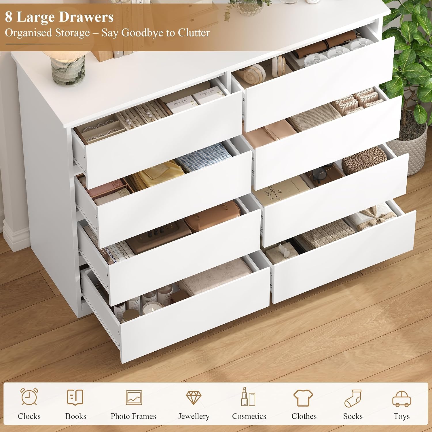 Detalle de FOREHILL P804 Chest of Drawers, 8 Drawers, White, 120 cm
