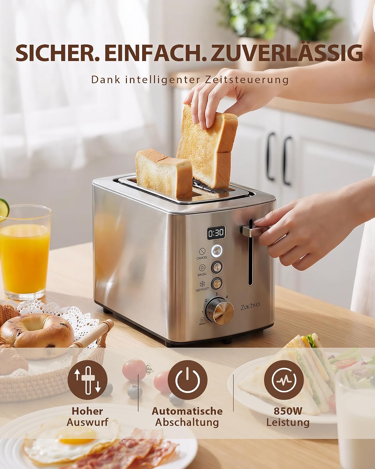 Thumbnail 5 de Edelstahl 2-Scheiben-Toaster mit LED-Countdown & 3,5-cm-Schlitzen, 6 Bräunungsstufen und Brötchenaufsatz (silber)