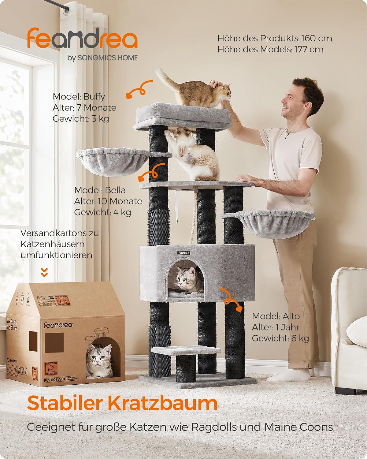 Detalle de Feandrea Kratzbaum mit warmen Decken, 9 Kratzsäulen und 2 Katzenbürsten (PCT003W01) – 50 x 50 x 160 cm