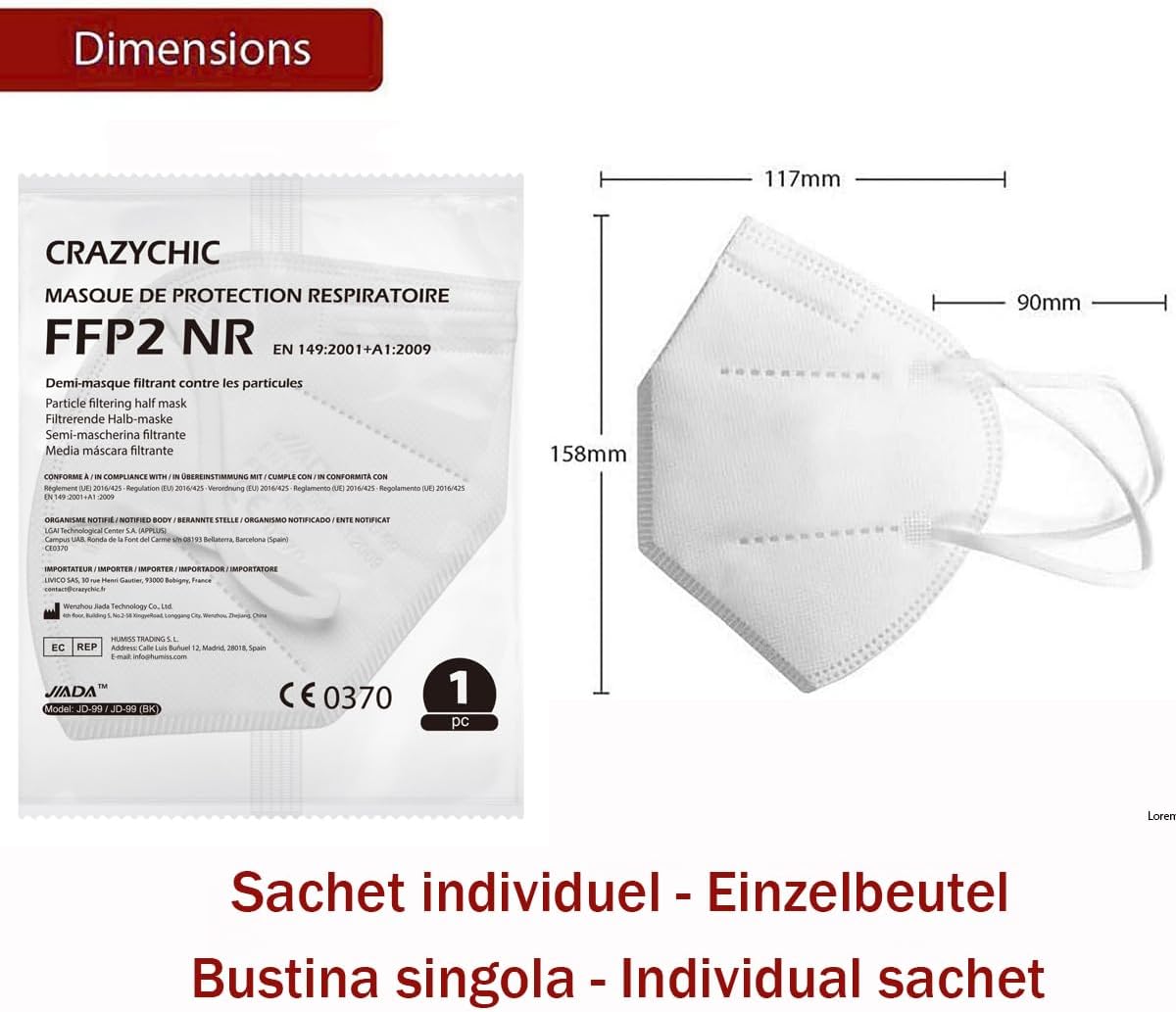 Thumbnail 3 de Masque FFP2 NR CRAZYCHIC blanc, certifié CE EN149, demi-masque filtrant (boîte de 50, emballage individuel)