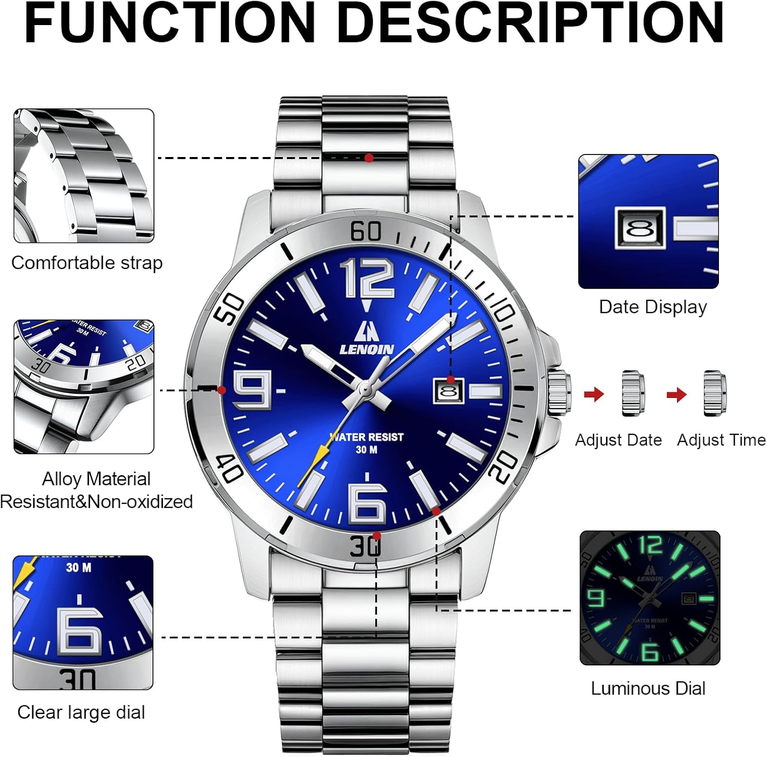 Detalle de LN LENQIN Herrenarmbanduhr aus Edelstahl mit Quarzwerk, analogem Zifferblatt und Datumsanzeige (3 ATM)