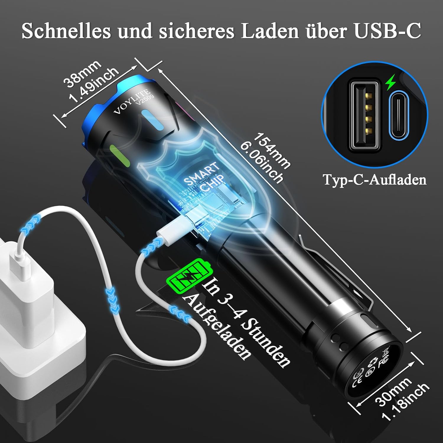 Thumbnail 3 de Voylite Taschenlampe LED Aufladbar 1.000.000 Lumen – Extreme Helligkeit, LCD-Anzeige, 3 Leuchtmodi, Zoom, IPX7