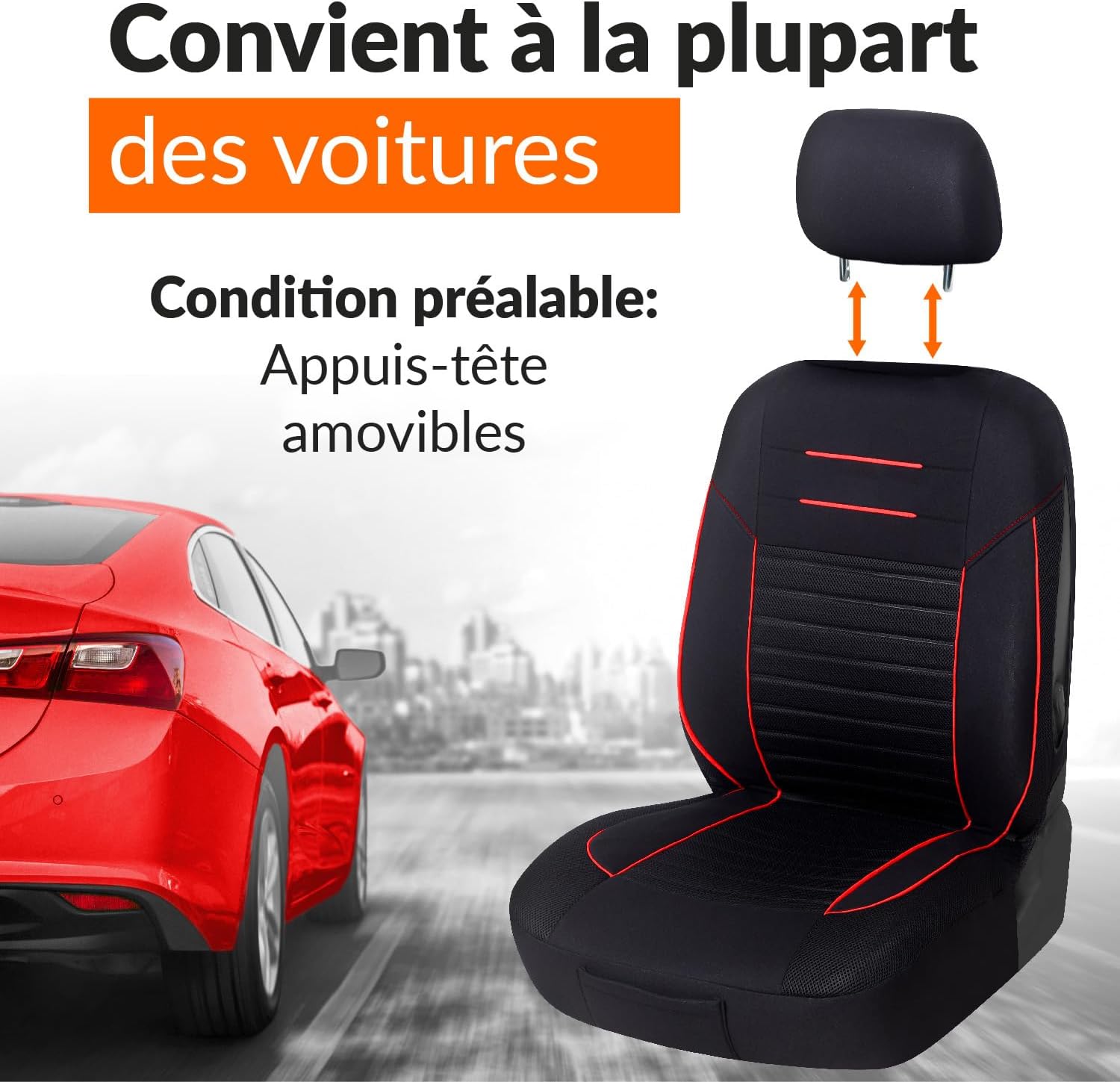 Detalle de Upgrade4cars Housses de siège avant universelles noir et rouge – jeu complet pour conducteur et passager