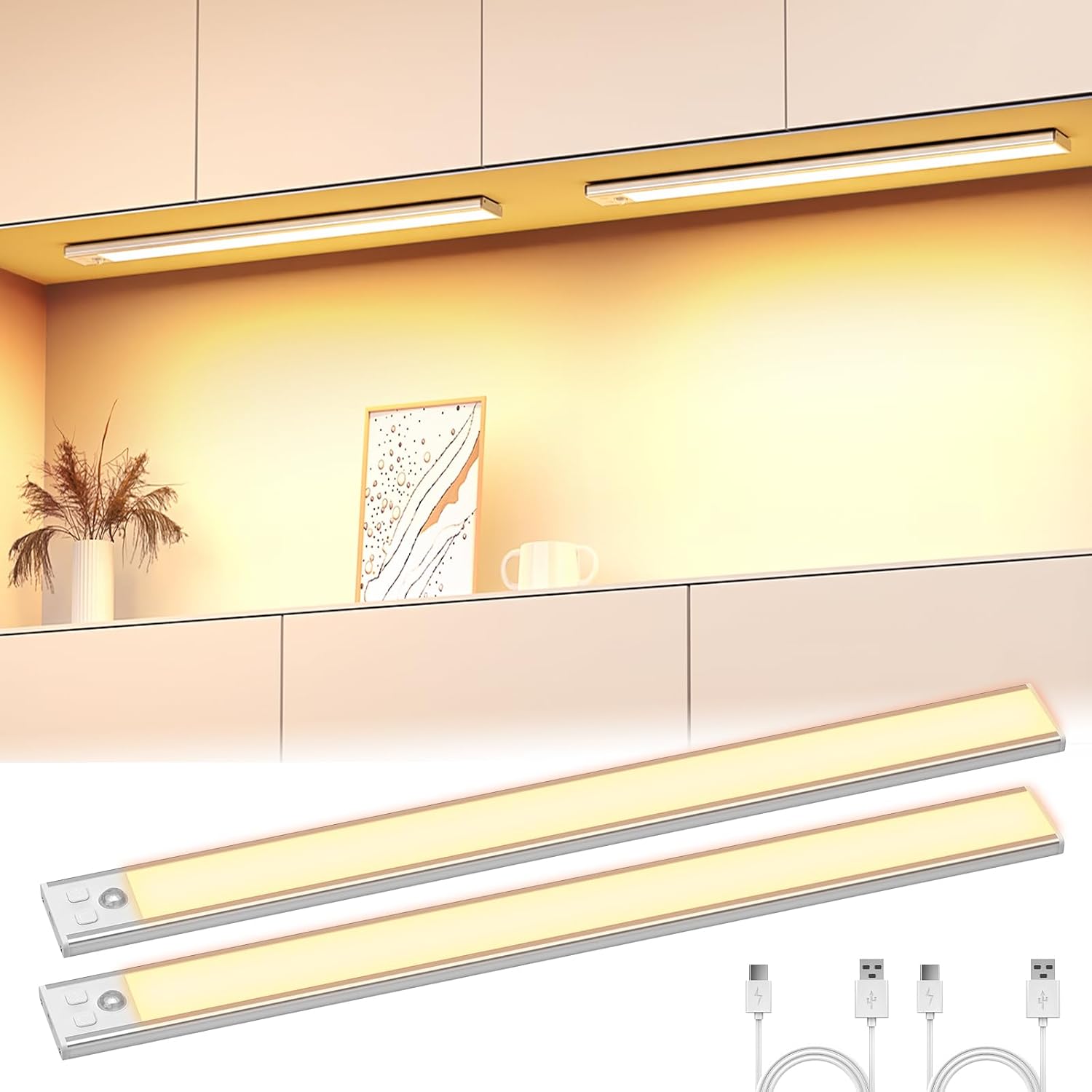Detalle de OUILA Schrankbeleuchtung LED mit Bewegungsmelder – 2er-Set, Unterbauleuchte 41 cm, USB-C, dimmbar