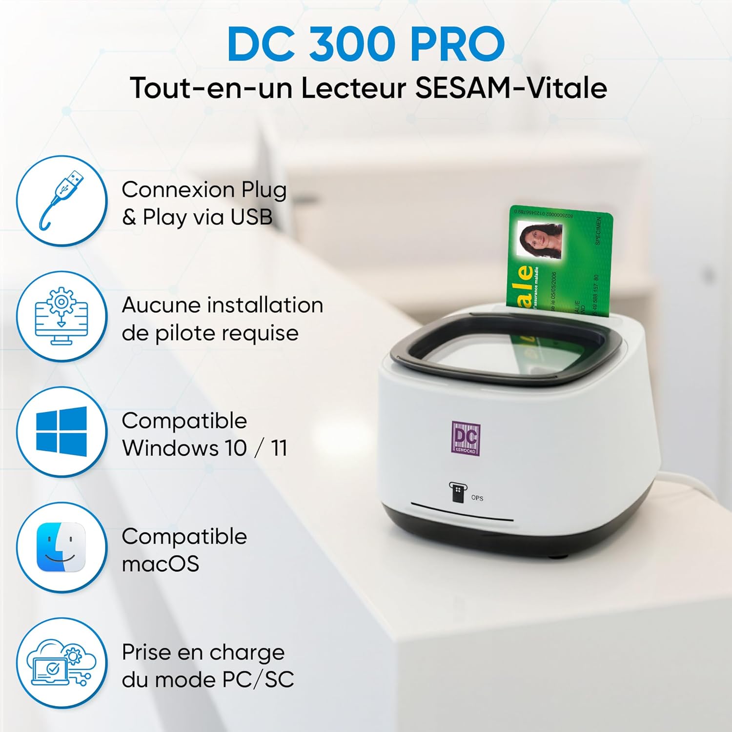 Thumbnail 1 de Lecteur 4 en 1 QR Code & NFC DC300 Pro (2 fentes Carte Vitale et CPS) – connexion USB plug and play