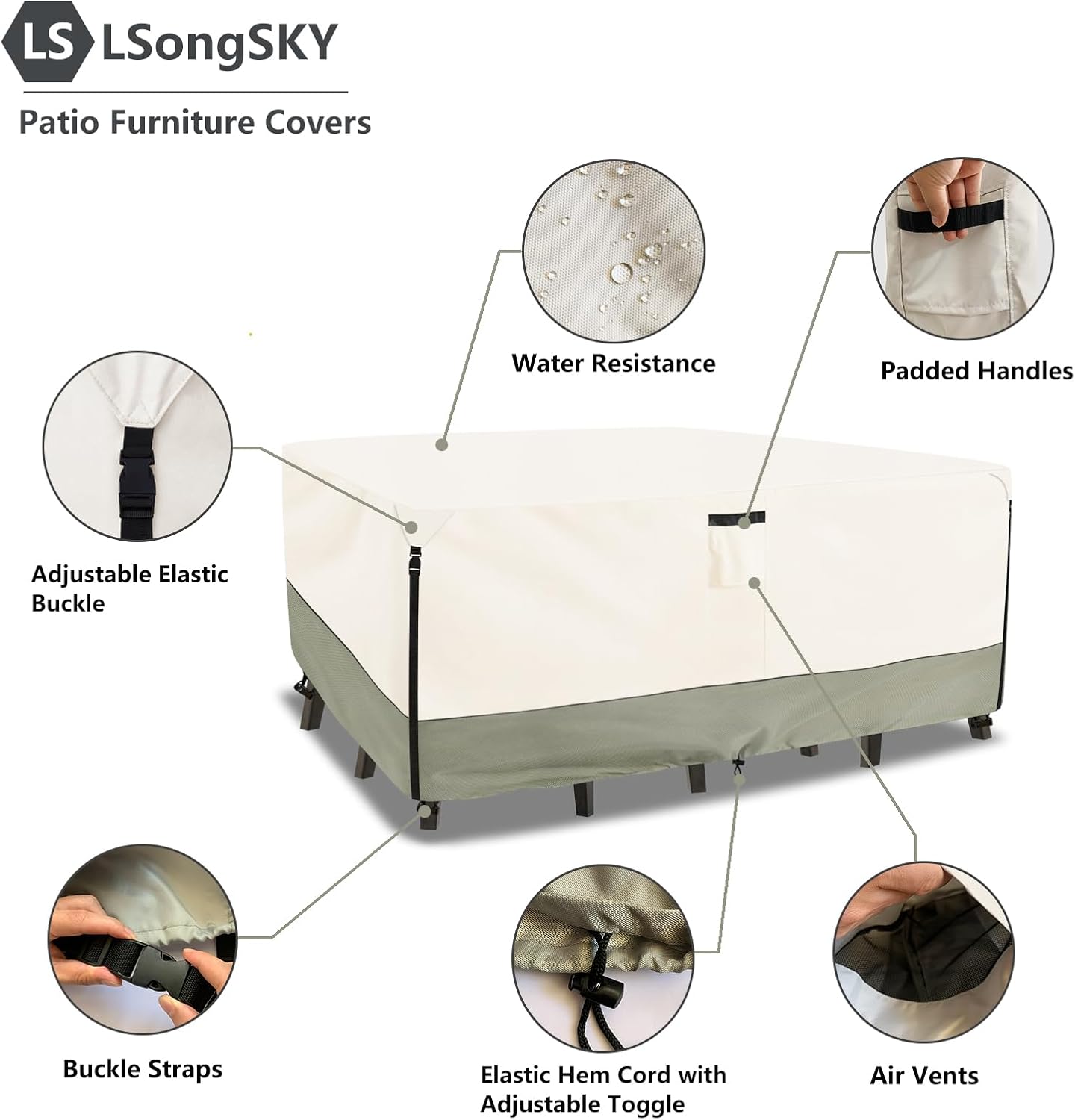 Detalle 2 de LSongSKY Rectangular 111"L x 74"W Patio Furniture Cover, 600D Oxford, Beige