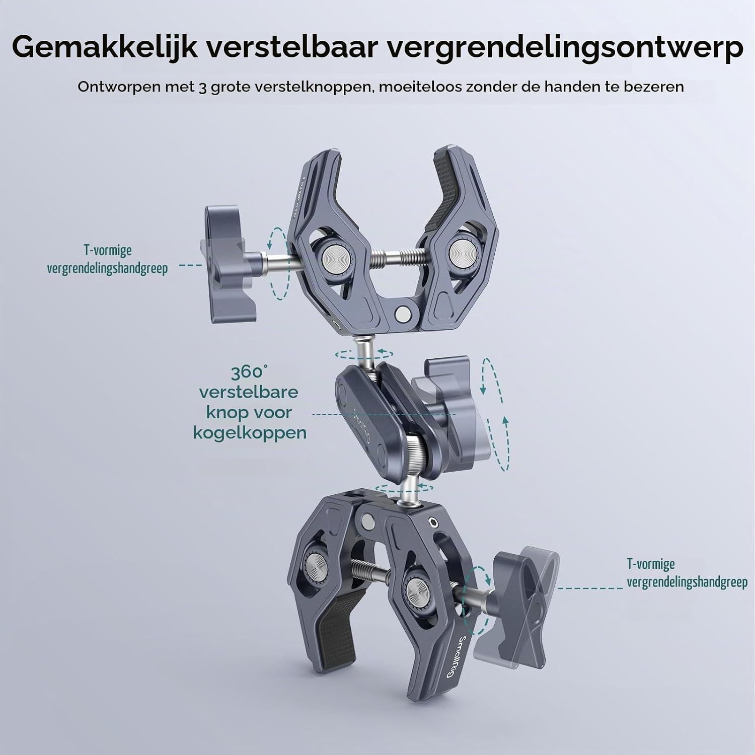 Detalle de SMALLRIG 4103B dubbele superklem met 360°-kogelkoppen en verstelbare klemmen