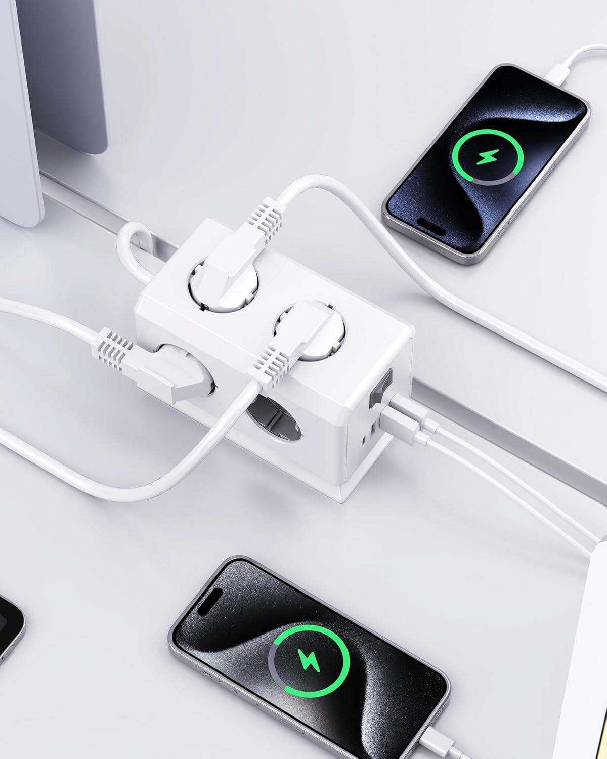 Detalle 2 de Mehrfachsteckdose mit USB – 6-fach, Wandmontage, 3680 W, 1,8 m Kabel, Überspannungsschutz