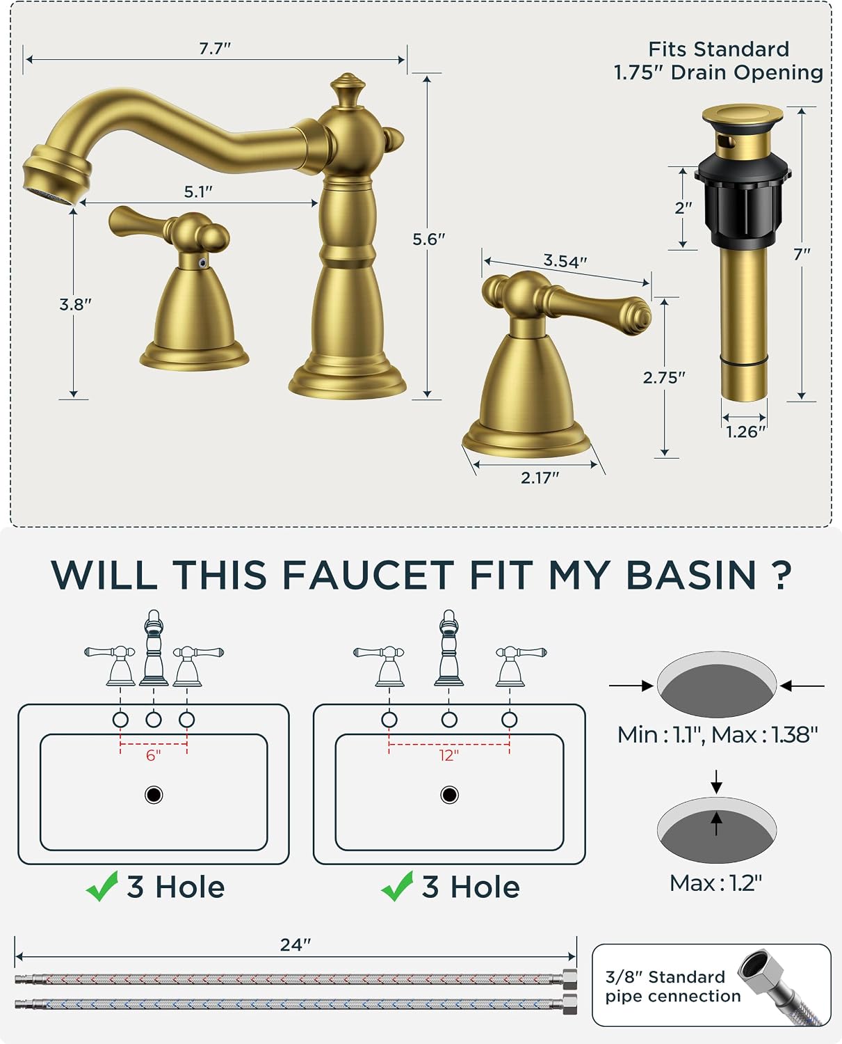 Detalle 2 de FORIOUS FB-03055G Vintage Bathroom Sink Faucet, Brushed Gold, 3-Hole Widespread