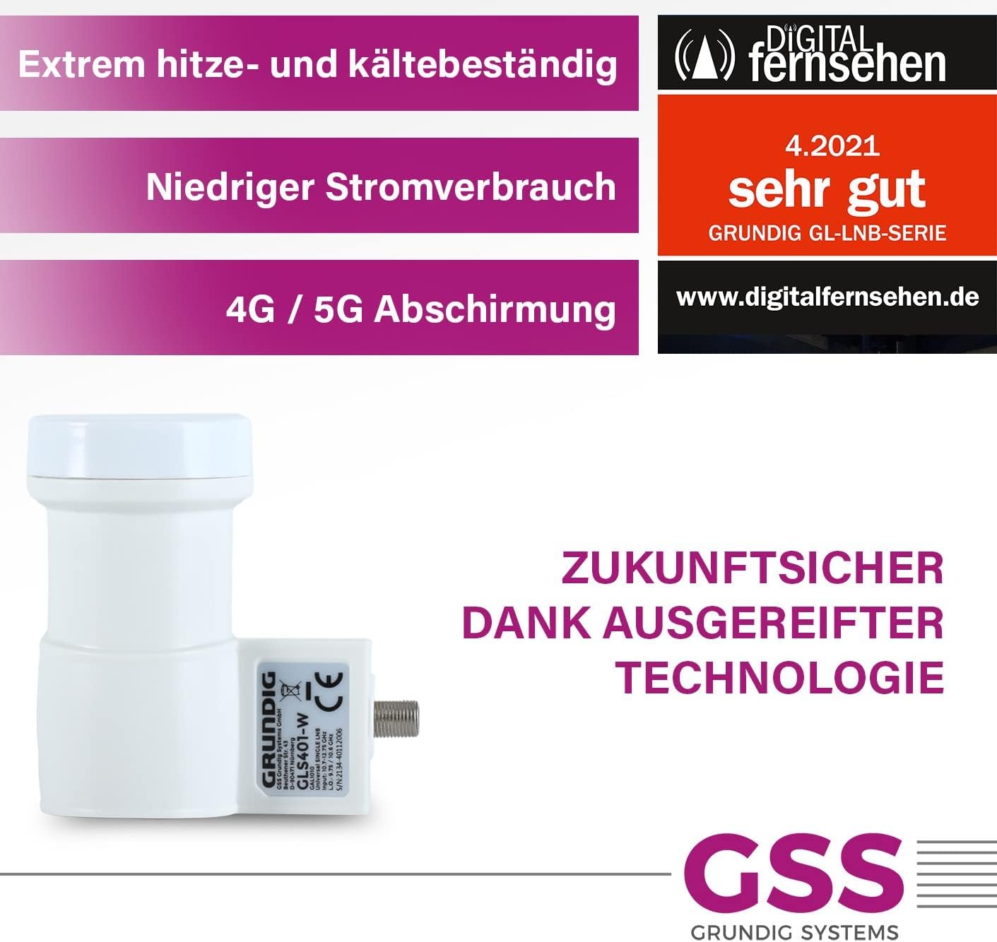 Detalle 2 de GSS Single LNB Weiß mit LTE-Filter – 1 Teilnehmer, wetterfest, Full HD/4K