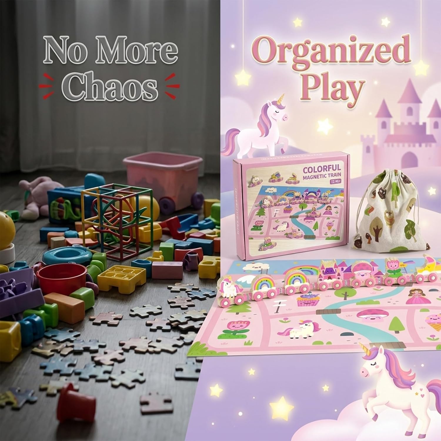 Thumbnail 3 de Unicorn Magnetic Wooden Train Set for 1–4 Year Old Girls with Castle Play Mat (Pink)