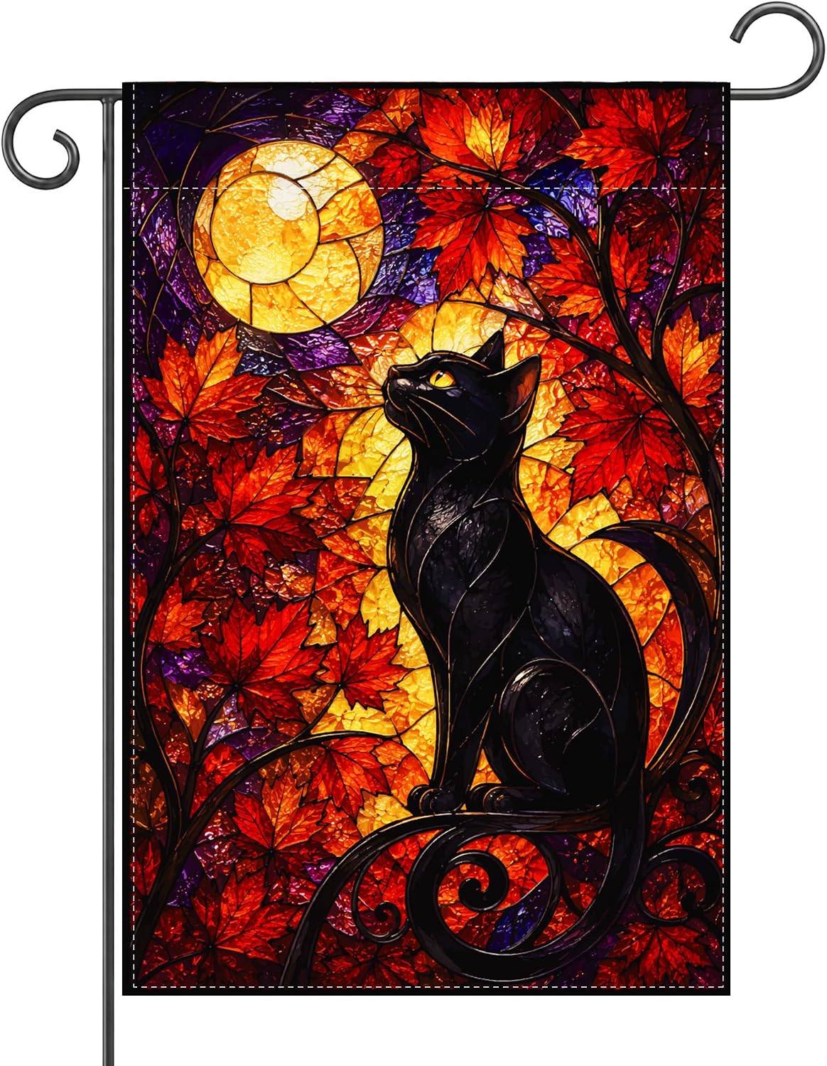 Detalle de OHOME Stained Glass Black Cat Moon Garden Flag, Double-Sided Polyester