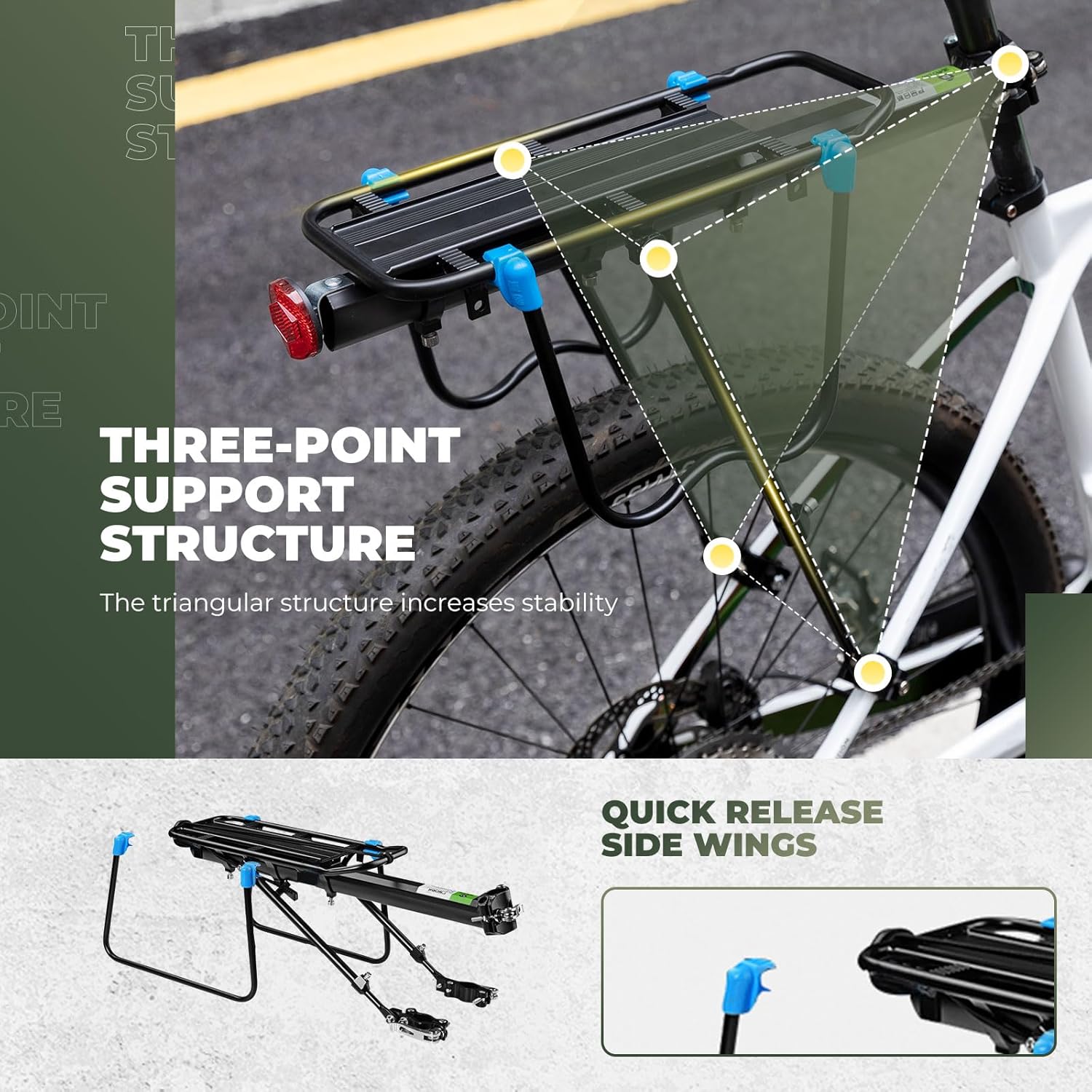 Thumbnail 3 de ROCKBROS portapacchi posteriore in alluminio per bici (MTB 24–29” e bici da strada), con riflettore