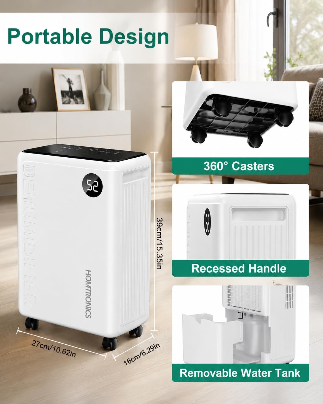 Detalle de Homtronics CAKDM07 30-Pint Dehumidifier with Continuous Drainage and Auto Defrost