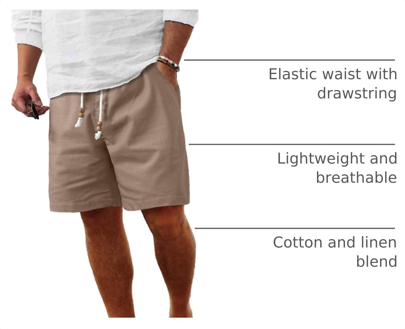 Detalle de Comdecevis Men's Linen Shorts: Casual Elastic Waist Drawstring Summer Shorts with Pockets