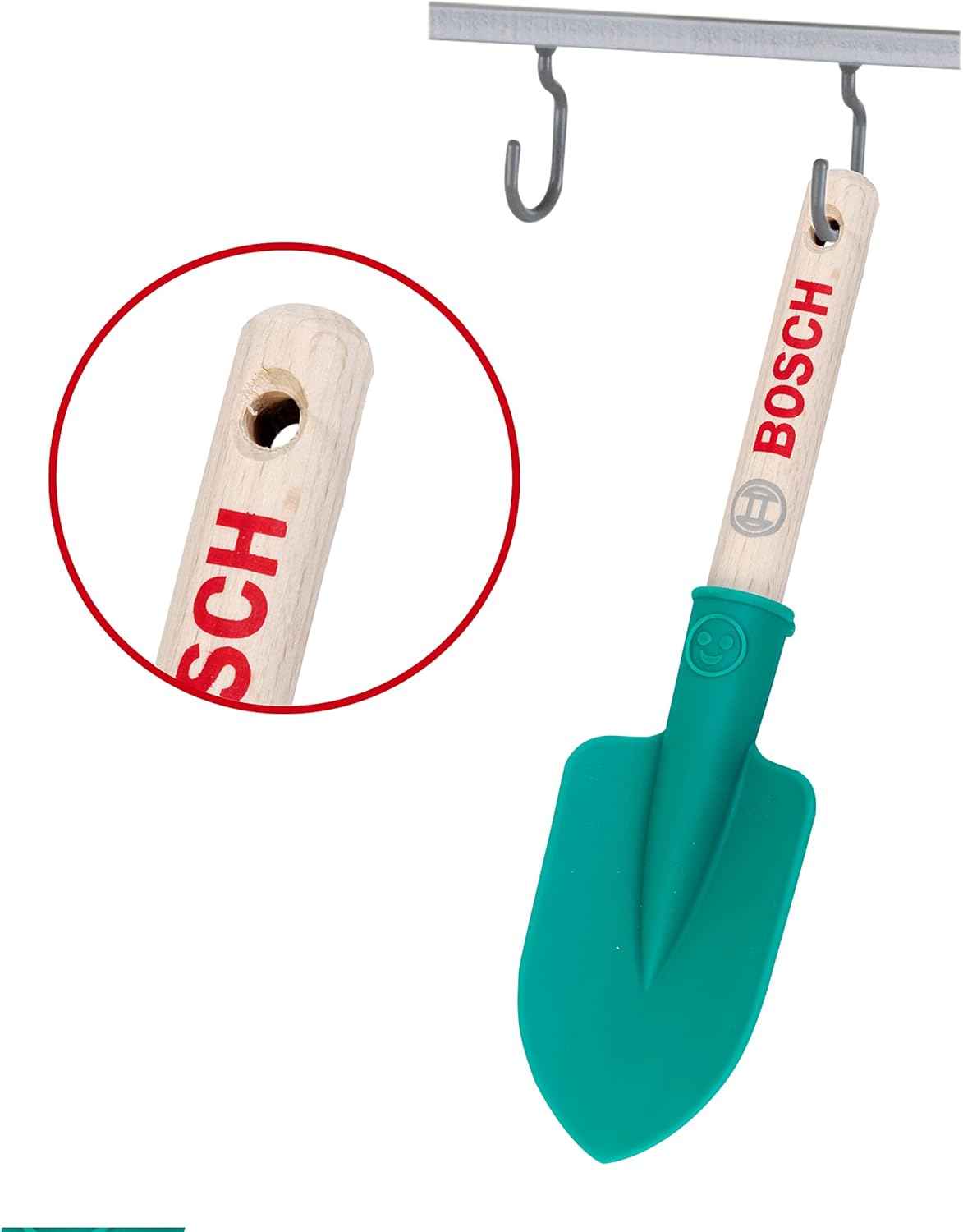 Detalle de Theo Klein 2735 Bosch Gardening Hand Tool Set for Kids (Spade, Rake, Shovel & Hoe) with Hanging Eyelet