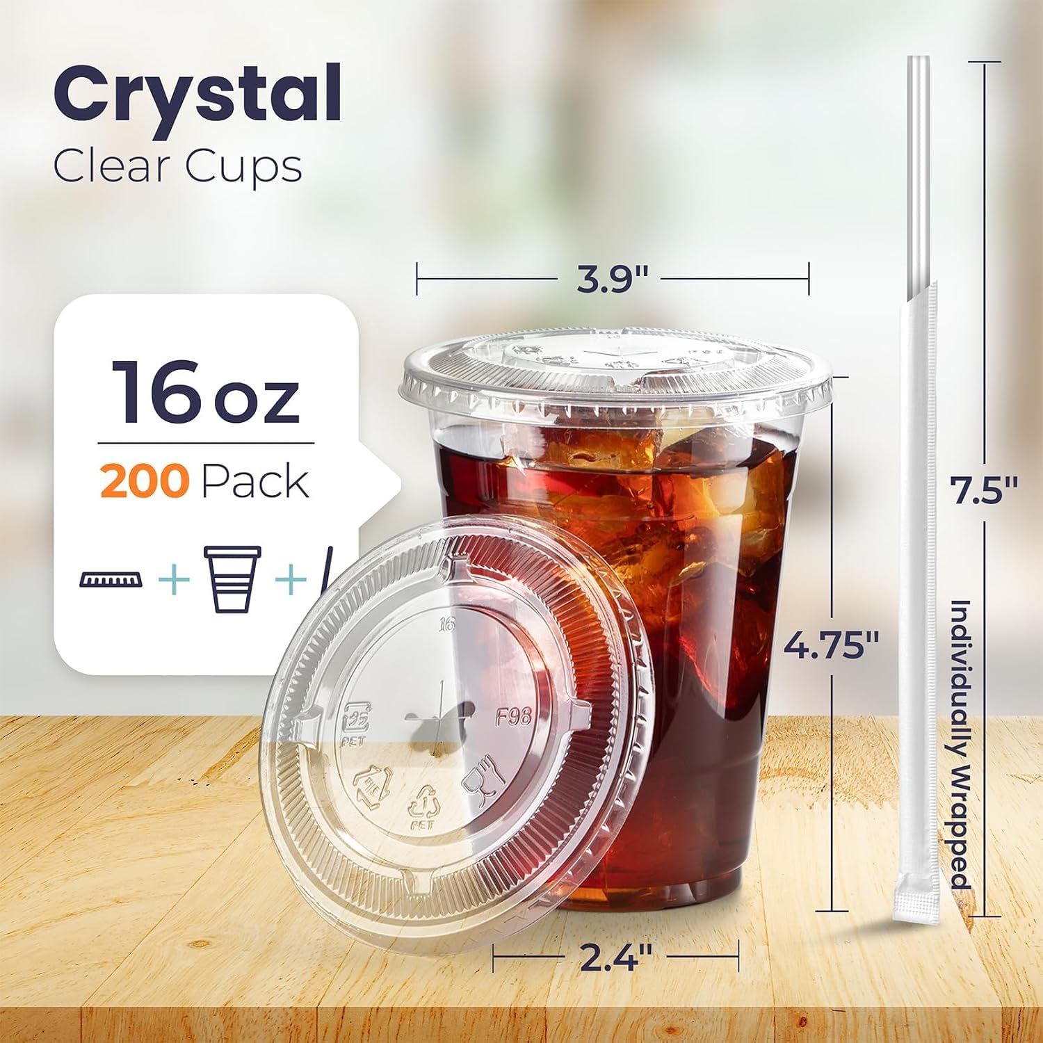 Detalle de Fit Meal Prep 200 Pack 16 oz PET Cups with Lids, Straws, and Disposable Clear Cups