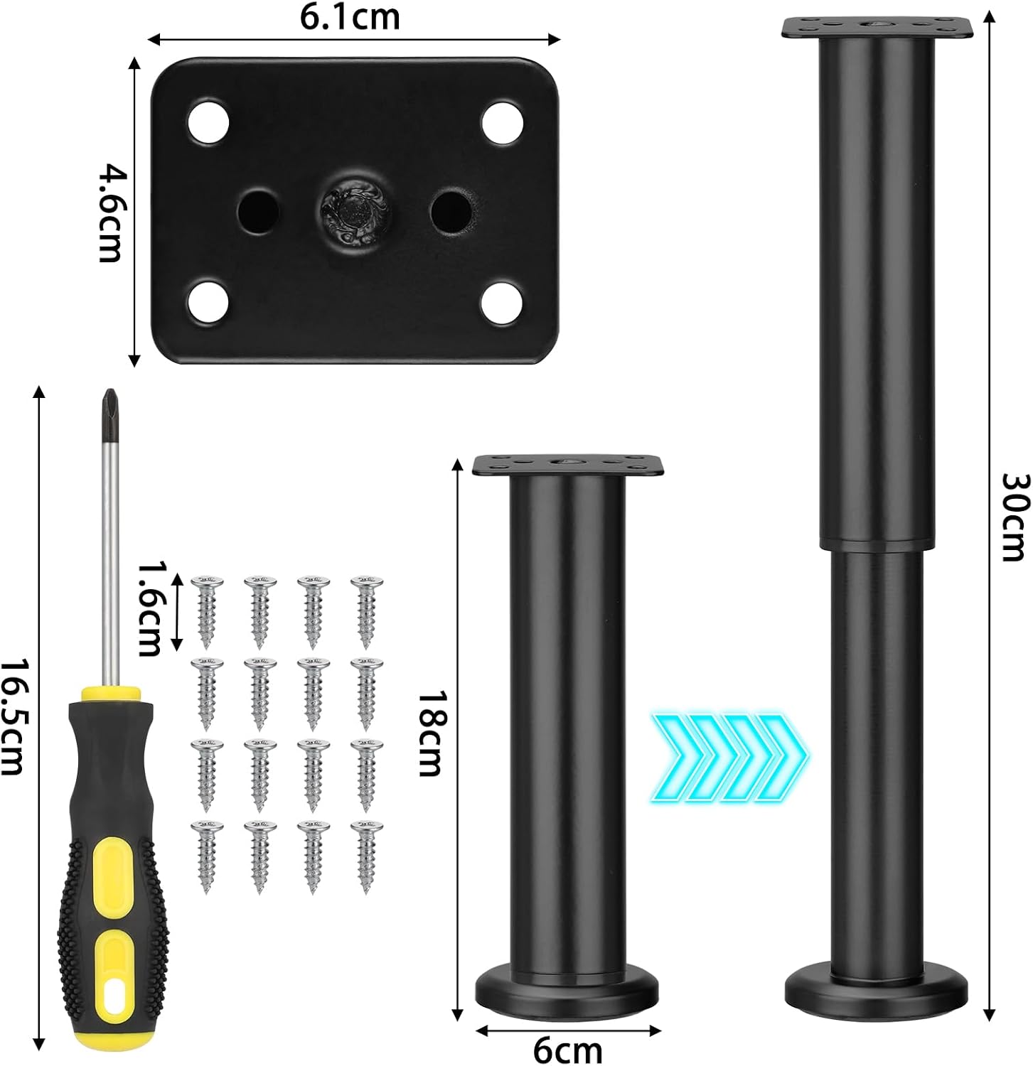 Thumbnail 1 de Zocipro 4 Pack Heavy Duty Adjustable Furniture Legs – Black Metal (18–30cm) with 16 Screws