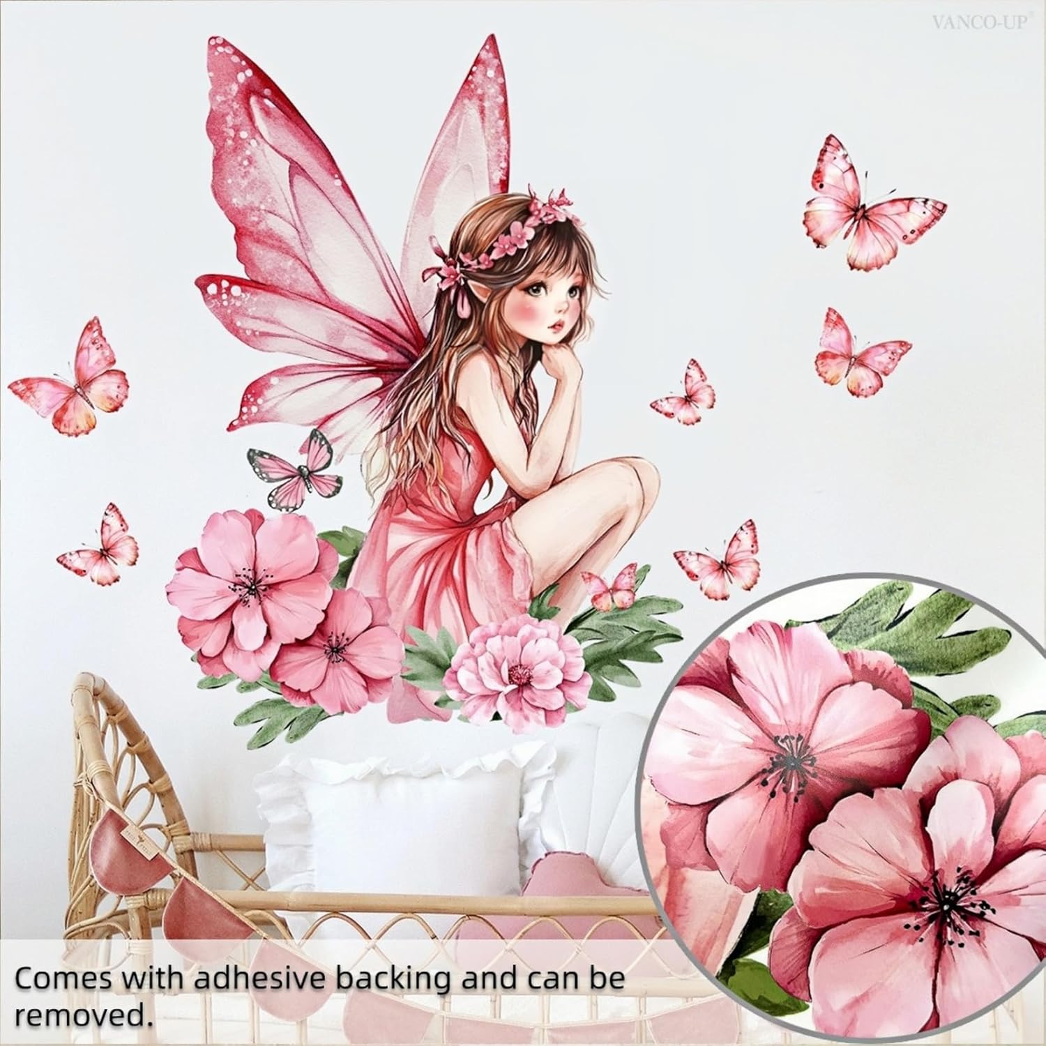 Thumbnail 4 de Flower Fairy Wall Stickers for Girls Room – Pink Floral Butterfly Wall Mural DIY PVC Decals (2 Sheets)