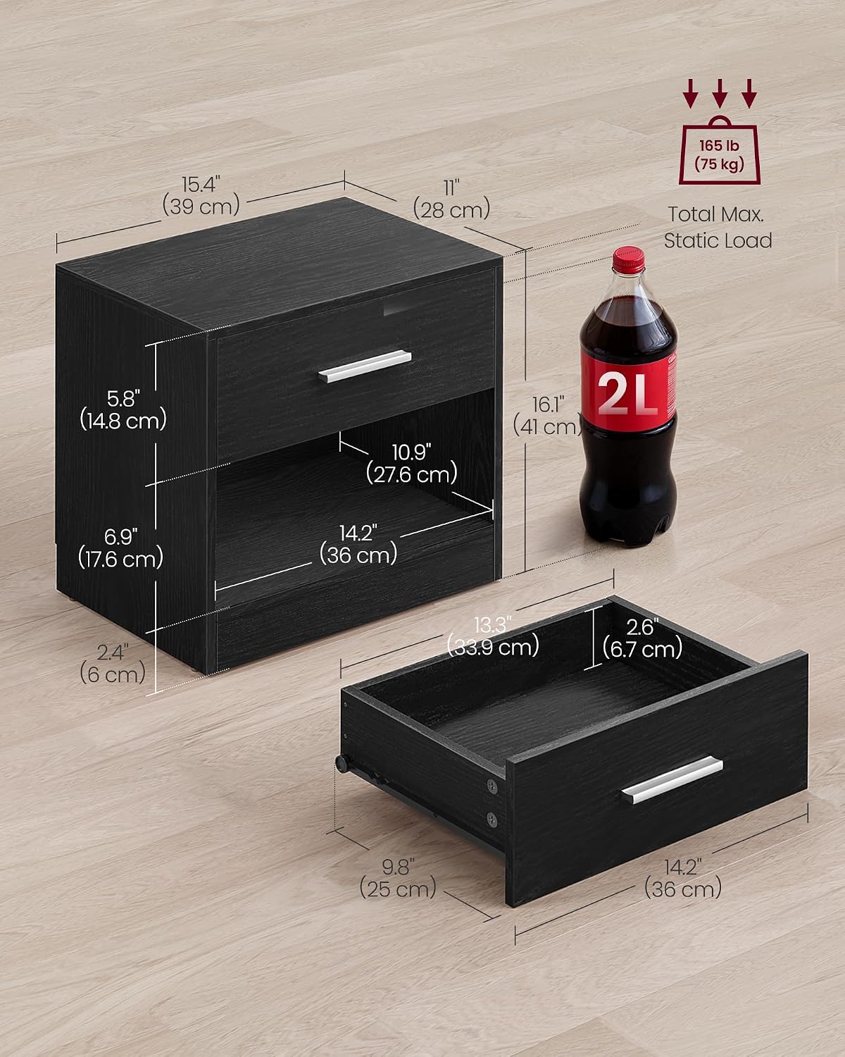 Detalle de VASAGLE LET819T56 set of 2 bedside tables, black, with drawer and open shelf