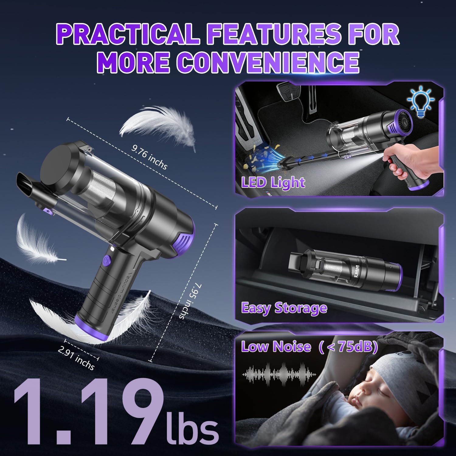 Thumbnail 6 de KMM Handheld Car Vacuum Cleaner: 16,000PA Cyclonic Suction, 5200mAh Cordless & LED Light