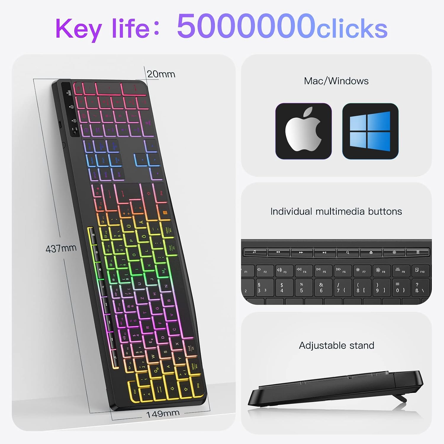 Detalle de TECURS kabellose Gaming-Tastatur (QWERTZ) mit Beleuchtung, leisen Tasten & Multimedia – für Windows, Mac, PS4 und Xbox, schwarz