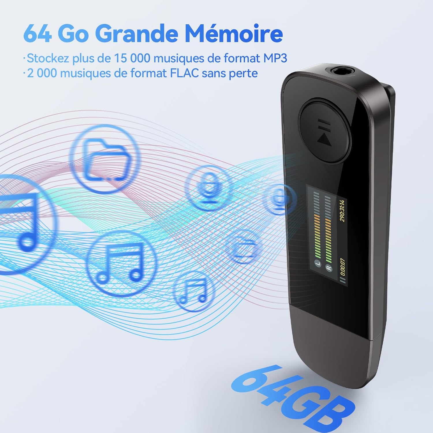 Detalle 2 de AGPTEK 64Go Lecteur MP3 USB-C avec Bluetooth 5.3 et Clip Sport – Son HiFi, FM et Enregistreur