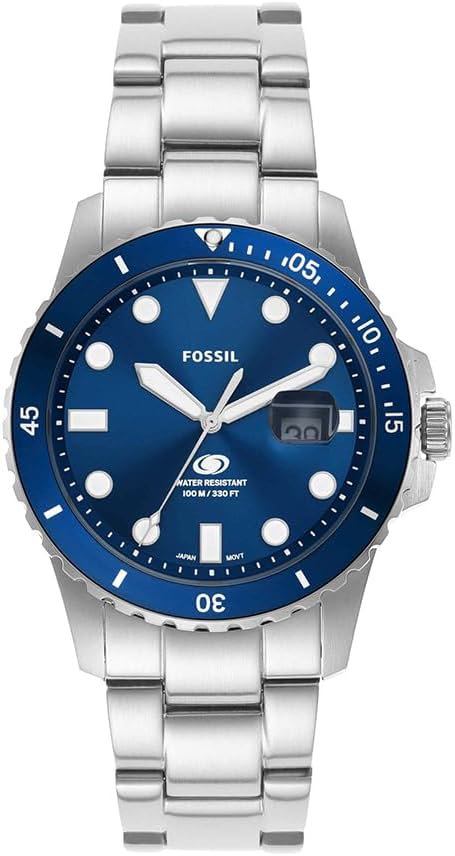 Detalle de Fossil Orologio subacqueo blu da uomo con movimento al quarzo, datario e cinturino in acciaio o pelle