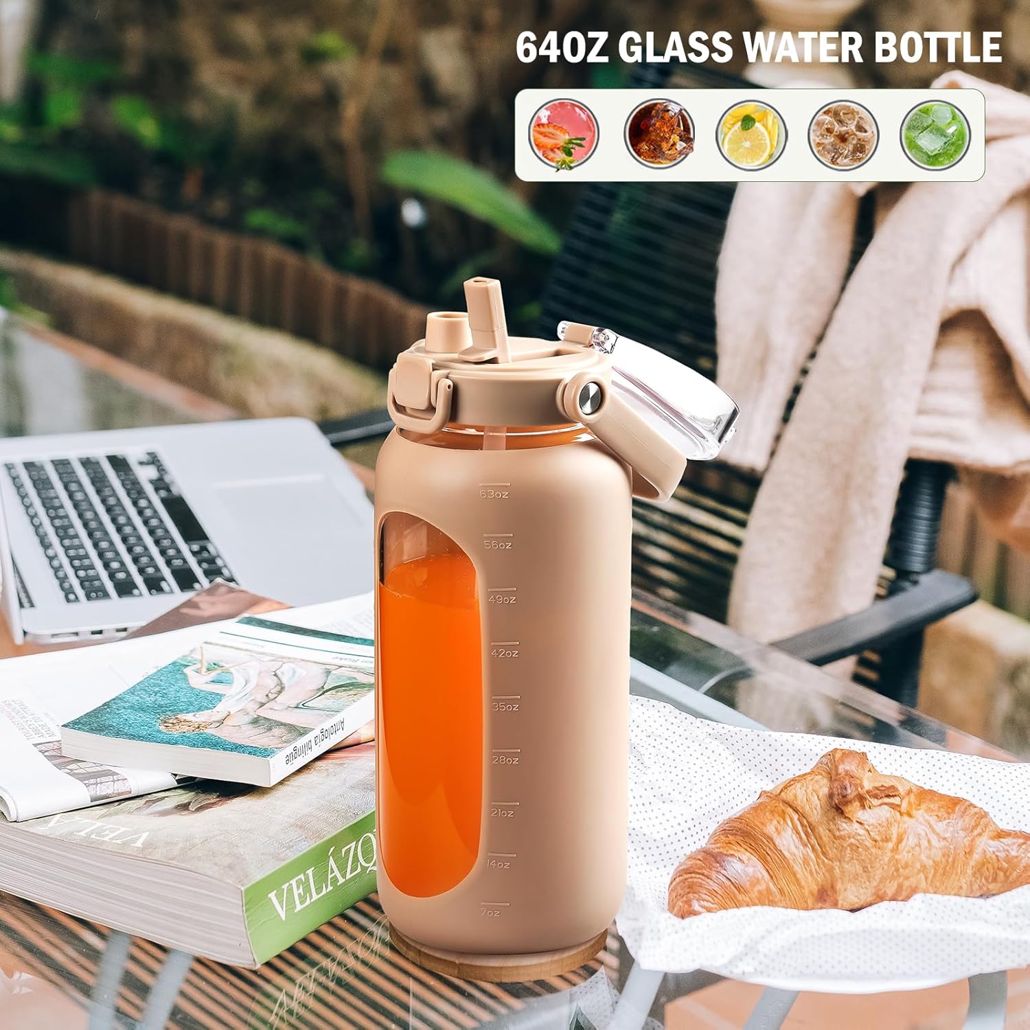 Thumbnail 5 de BLUEGO 2L Gourd en verre avec paille et manchon en silicone — bouteille d'eau 2 litres pour sport et quotidien