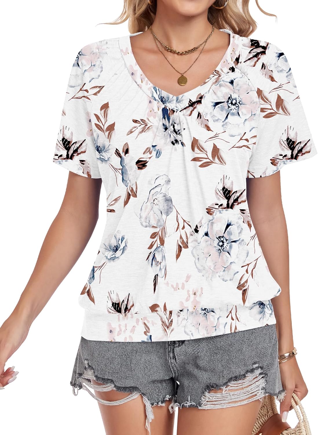 Thumbnail 1 de WNEEDU Damen T-Shirt Sommer – Basic T-Shirt mit V-Ausschnitt, Kurzarm, plissiertes Frontmieder