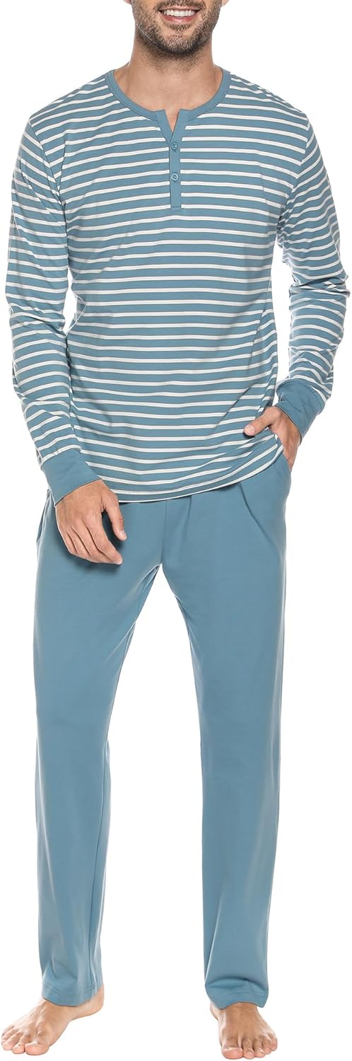 Thumbnail 6 de Winovia Herren Schlafanzug Langarm – Baumwolle Pyjama-Set mit Streifen und Knopfleiste