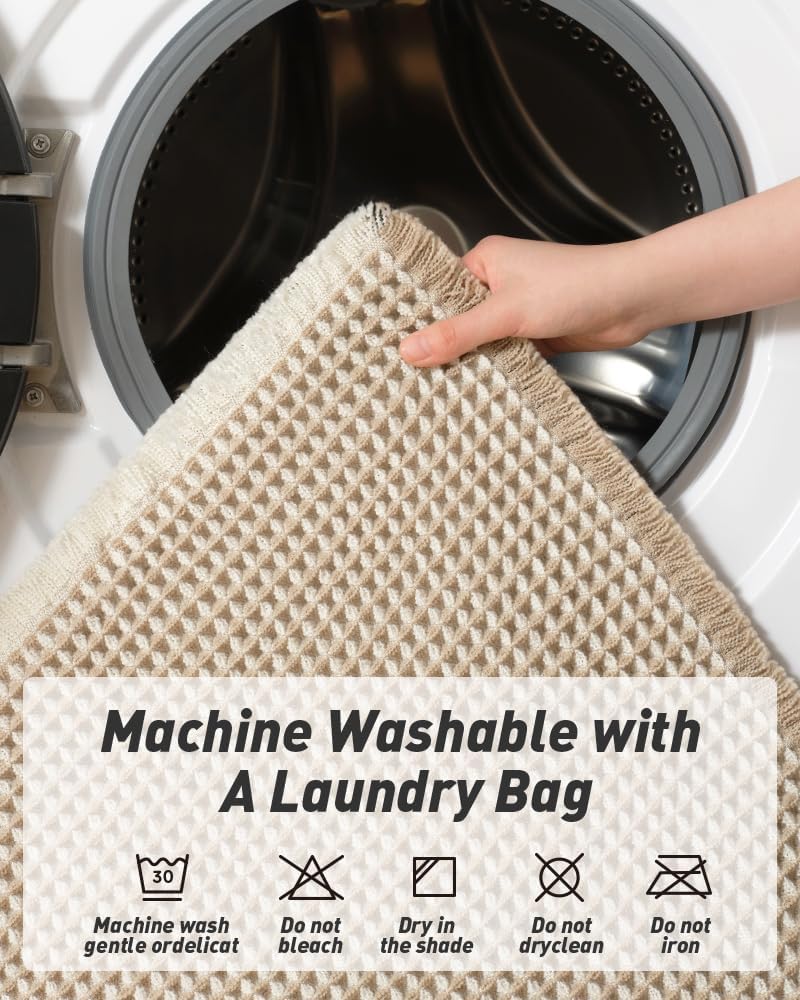 Thumbnail 4 de AMOAMI Upgraded Waffle Runner Rug (2' x 5') — Super Absorbent Non-Slip Bath Mat with Tassels, Brown & Cream