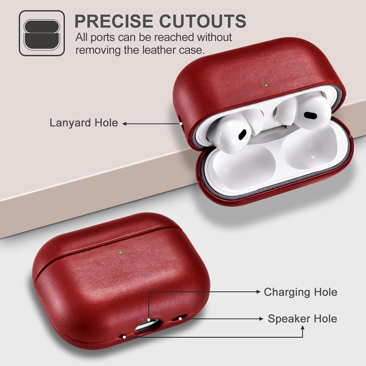 Thumbnail 3 de ICARER-hoesje van echt leer voor AirPods Pro 3 2025, rood met zichtbare led