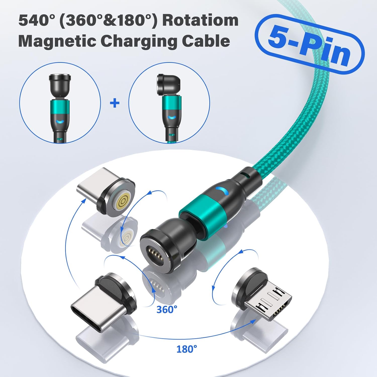 Thumbnail 2 de TUNKIA 5Pin Magnet Ladekabel (3-in-1) 4er-Set mit drehbarem Magnetkopf, 0,5–3 m – grün