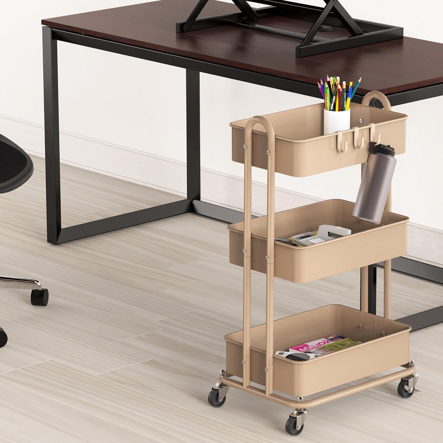 Detalle de Simple Houseware CB-10C-I 3-Tier Metal Rolling Utility Cart, Khaki