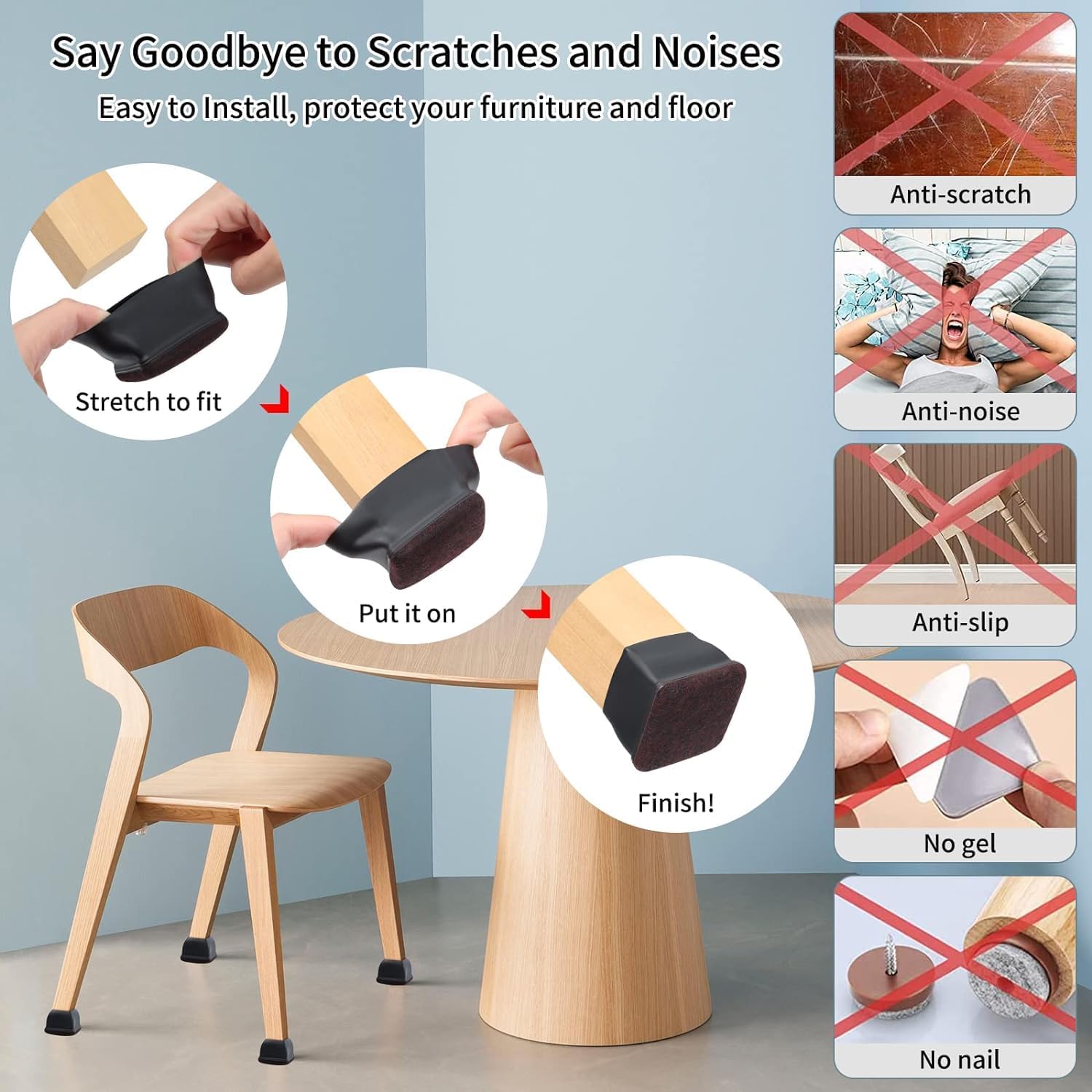 Detalle 2 de Ezprotekt 2 inch Square-Black Non-woven Fabric Chair Leg Caps – Smooth Moving Protectors for Hard Floors