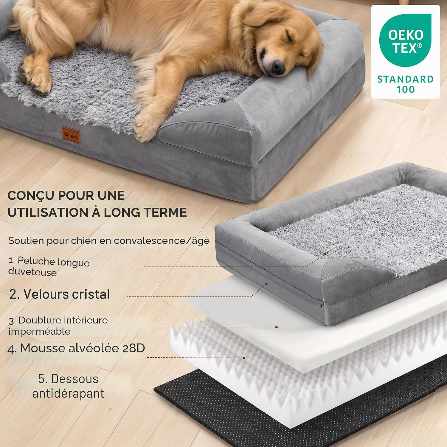Detalle de Gimars Lit Orthopédique pour Chiens Très Grands et Seniors – Épais 9,5 cm (L XL) avec Mousse Alvéolée et Housse Lavable