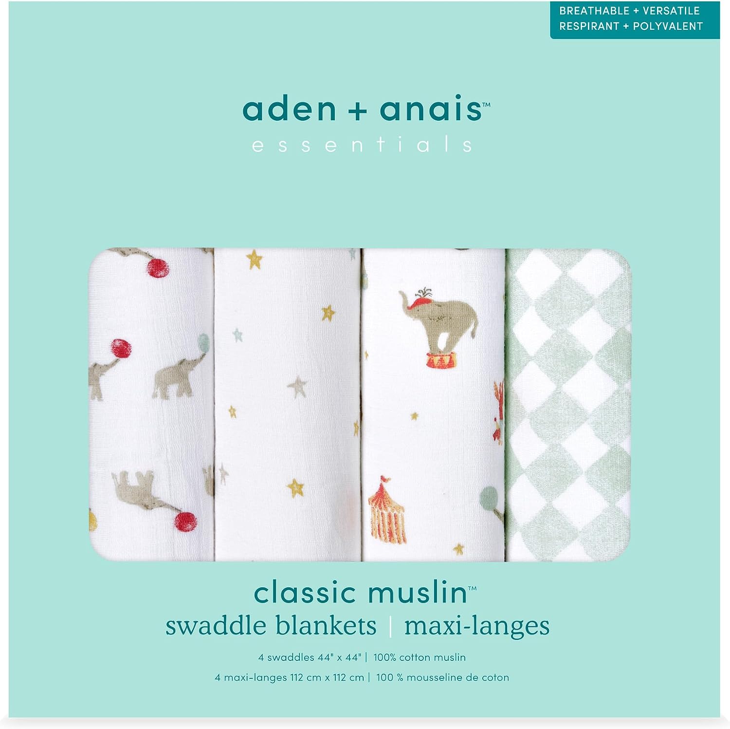 aden + anais essentials SWADAEESWC40032 おくるみ 4枚セット モスリンコットン・エレファントサーカス柄