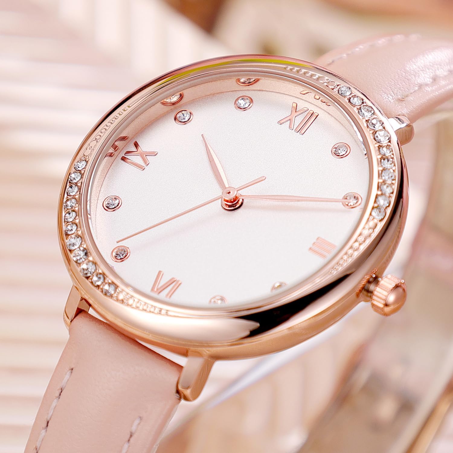 Thumbnail 1 de NUOVO Damen Uhren Rosa – Quarzuhr mit Lederband, 30 m wasserdicht, analog