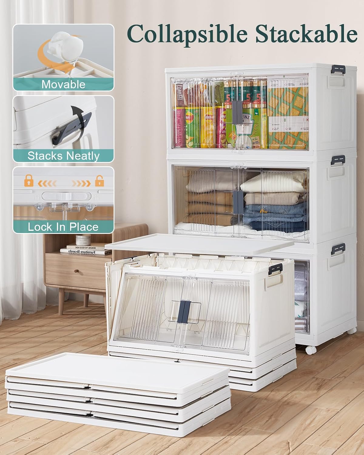 Detalle de OlarHike SBSBL7V233 97-Quart Foldable Storage Bins, 3-Pack with Wheels